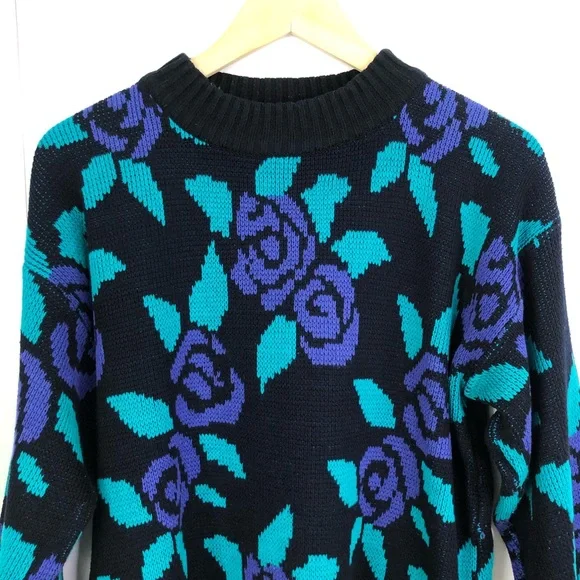 Erika Vintage Purple Rose Crew Neck Sweater Medium 90s Y2K - Picture 2 of 9